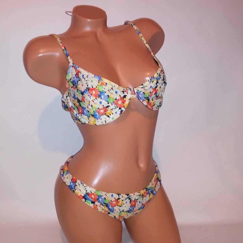 Something Navy Swim Bikini Large Top Medium Bottom Colorful Floral Underwire